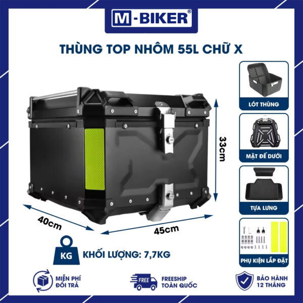 Thùng nhôm 55L màu đen chữ X M-Biker gắn xe máy